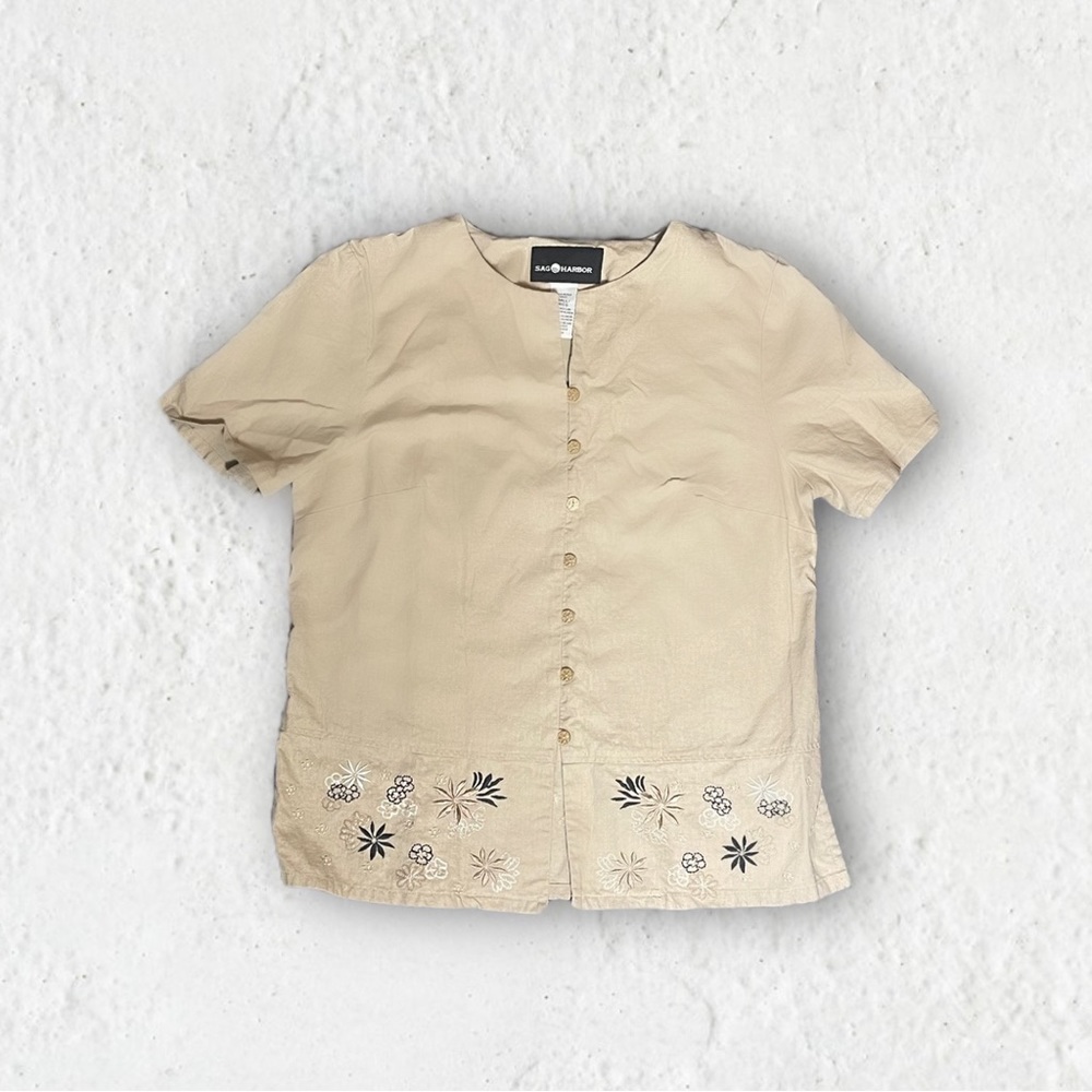 Vtg Sag Harbor Linen Blend Button Beige Floral Embroidery Minimalist Boho shirt